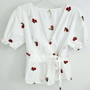 Entro Cherry Wrap White Cotton Embroidered Top